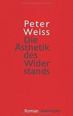 Das gesamte Cover ist feuerrot. 
Der Name des Autors, Peter Weiss, und der Buchtitel, "Die Ästhetik des Wider
standes", sind in sieben Zeilen untereinander, mittig auf dem Cover angeordnet. In jeder Zeile
steht nur ein Wort. Dabei ragt das Wort Ästhetik links aus dem sich ergebenden Schriftblock heraus.
Der Name des Autors, Peter Weiss, ist in weißer, serifenloser Schrift auf das feuerrote Cover gesetzt, der Buchtitel in schwarz, in derselben Schriftart.
An den unteren Rand des Covers und etwas kleiner wurde das Wort "Roman" in weißer Schrift und der Name des Verlages, "Suhrkamp", in schwarzer Schrift, in eine Zeile nebeneinander gesetzt.