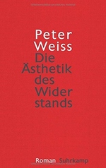 Das gesamte Cover ist feuerrot. 
Der Name des Autors, Peter Weiss, und der Buchtitel, "Die Ästhetik des Wider
standes", sind in sieben Zeilen untereinander, mittig auf dem Cover angeordnet. In jeder Zeile
steht nur ein Wort. Dabei ragt das Wort Ästhetik links aus dem sich ergebenden Schriftblock heraus.
Der Name des Autors, Peter Weiss, ist in weißer, serifenloser Schrift auf das feuerrote Cover gesetzt, der Buchtitel in schwarz, in derselben Schriftart.
An den unteren Rand des Covers und etwas kleiner wurde das Wort "Roman" in weißer Schrift und der Name des Verlages, "Suhrkamp", in schwarzer Schrift, in eine Zeile nebeneinander gesetzt.