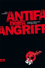 Auf dem schwarzen Untergrund fällt der knallrote Buchtitel in Blockbuchstaben stark auf. Das Symbol der Antifa in der rechten unteren Ecke komplettiert 
das simpel gehaltene Buchcover.