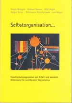 verschiedenfarbige Kreiselemente unterschiedlicher Größe, welche durch Linien miteinander verbunden sind, alle ausgehend von einem besonders großen Kreis. 
Dahinter Rechtecke mit hoizontalen bzw. vertikalen Balken in verschiedenen 
Farben.
Assoziation: Netzwerk statt Blöcke.