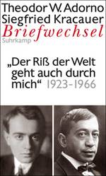 Unter dem Zitat "Der Riß der Welt geht auch durch mich" und der zeitlichen Einordnung 1923-1966 sind die Fotografien von links Adorno und rechts Kracauer abgebildet.