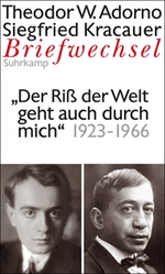 Unter dem Zitat "Der Riß der Welt geht auch durch mich" und der zeitlichen Einordnung 1923-1966 sind die Fotografien von links Adorno und rechts Kracauer abgebildet.