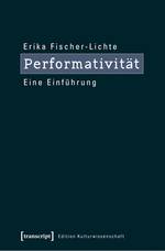 Wir sehen in der im oberen Bereich des Buchcovers linksbündig in  weißen Buchstaben den Titel "Performativität" in einem hellen mitternachtsblauen Kasten eingebettet, dessen filigraner Rahmen eiswasserblau ist. Darüber steht der Name der Autorin
"Erika Fischer-Lichte"  in kleineren  weißen Buchstaben. Unterhalb des Kastens steht ein der Untertitel
 "Eine Einführung", ebenfalls in weißen Buchstaben. Am Fuß des Buchcovers sehen wir den Namen des Verlags "[transscript]" gefolgt von der Editionsangabe "Edition Kulturwisschenschaft", beides in weißen Buchstaben. Autorinnenname, Titel, Untertitel, Verlagsname, sowie Editionsangabe sind auf einem  marinebauen Hintergrund zu sehen.