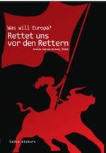 Man sieht eine Frau mit wehenden Haaren auf einem Stier reitend und eine Flagge haltend. Das Motiv ist rot und der Hintergrund schwarz.